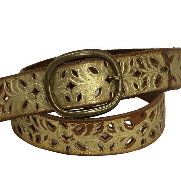 Fossil Distressed Laser Cut Tooled Gold Tone Belt Western Bling Festival Cowgirl - Picture 3 of 11